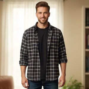 Flannel Button Down Shirt Cotton Plaid Black White Casual Top Layer Comfy Winter